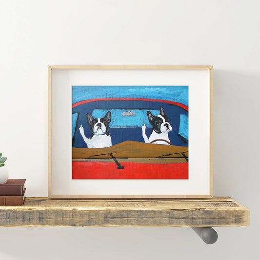 Funny Boston Terrier Riding Car Poster Canvas