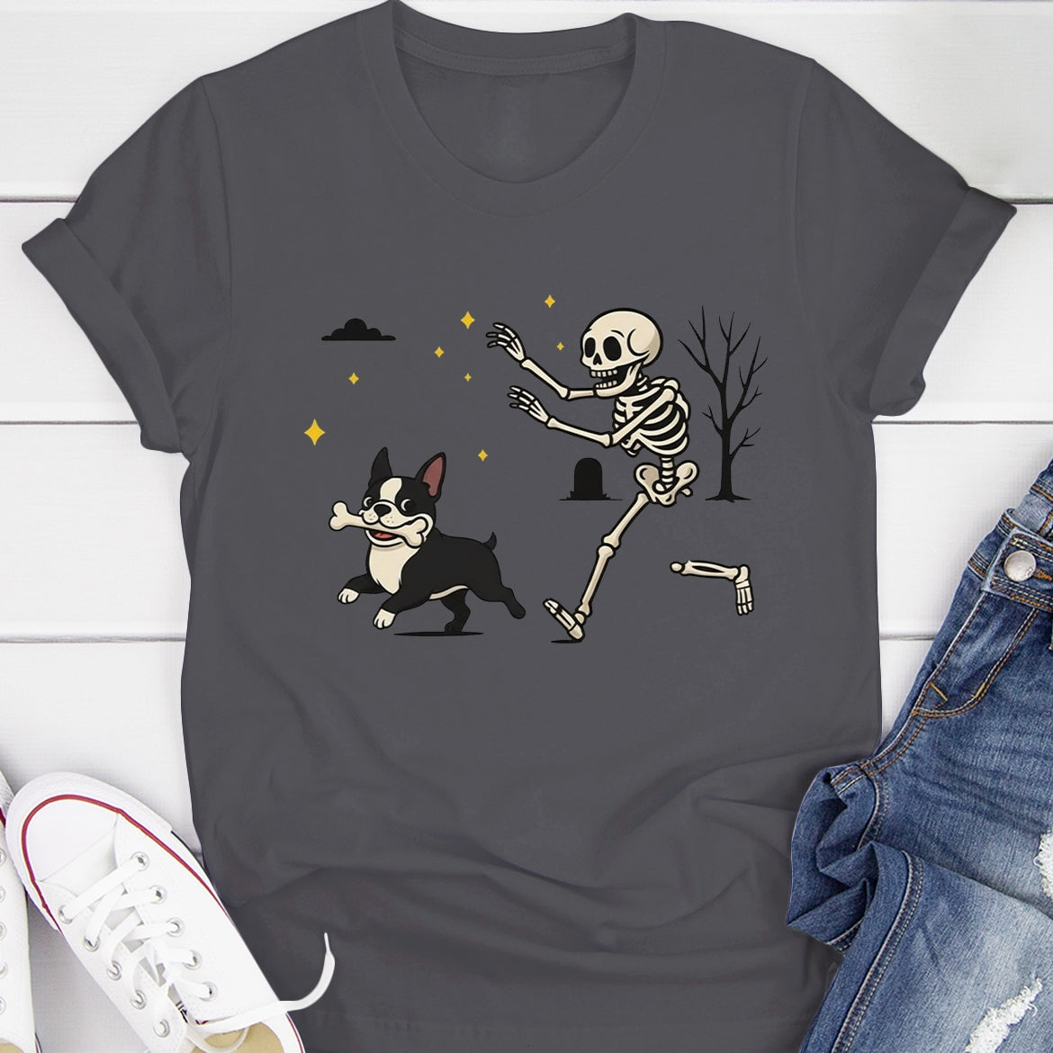 Funny Boston Terrier Eats Bone Halloween Shirt