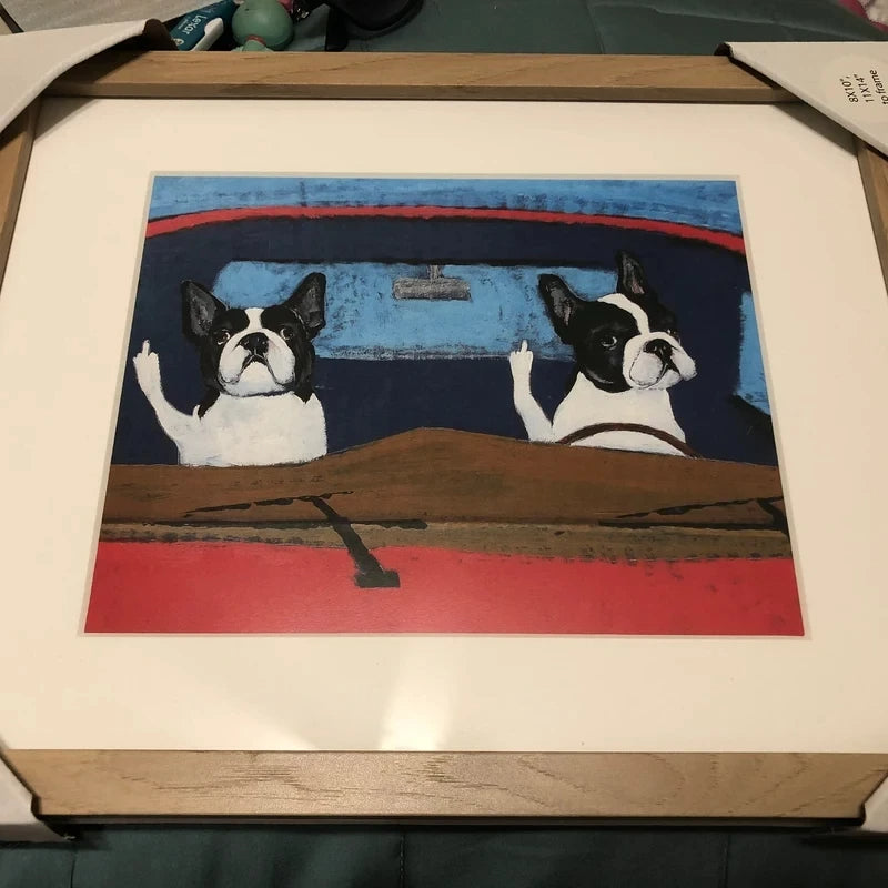 Funny Boston Terrier Riding Car Poster Canvas