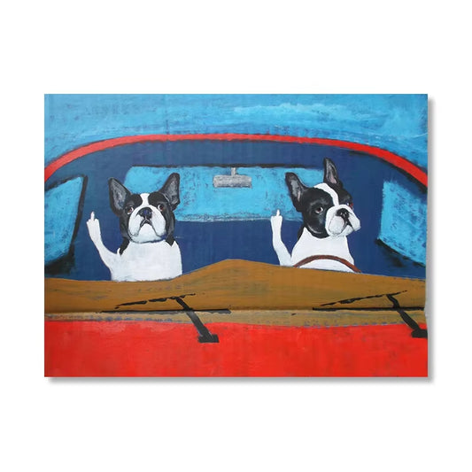 Funny Boston Terrier Riding Car Poster Canvas