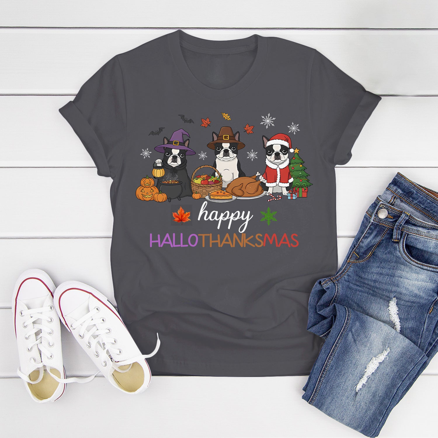 Happy HalloThanksMas Boston Terrier Shirt